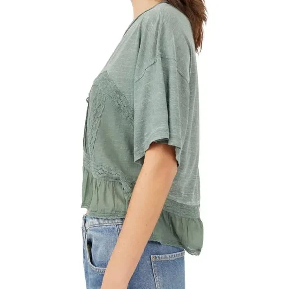 NWT Free People - Fall in Love Lace Inset T-Shirt.Color - Washed Army, Size - XL - Picture 3 of 8